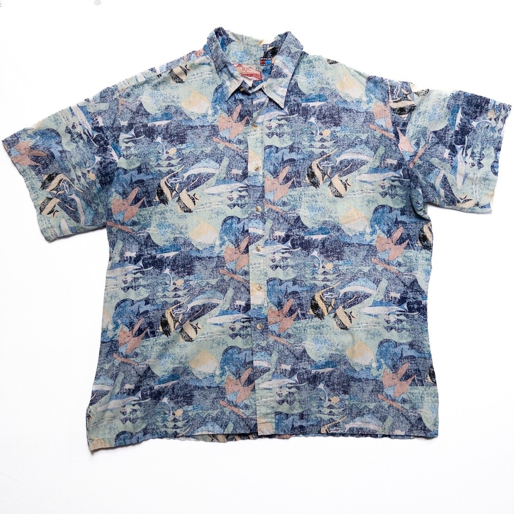 RJC Hawaiian Shirt Mens 3XL Blue Abstract‎ Aloha Made in Hawaii USA Cotton